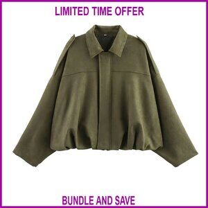 Faux Suede Bomber Jacket Oversized Lapel Pilot Coat Women's Outerwear